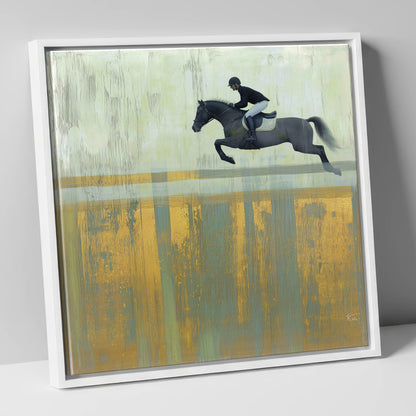 Flight Over Gold show jumping horse canvas wall art in white frame