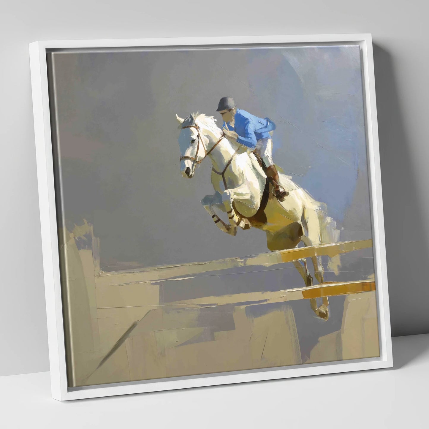 Soaring Grey Showjumper show jumping horse canvas wall art in white frame