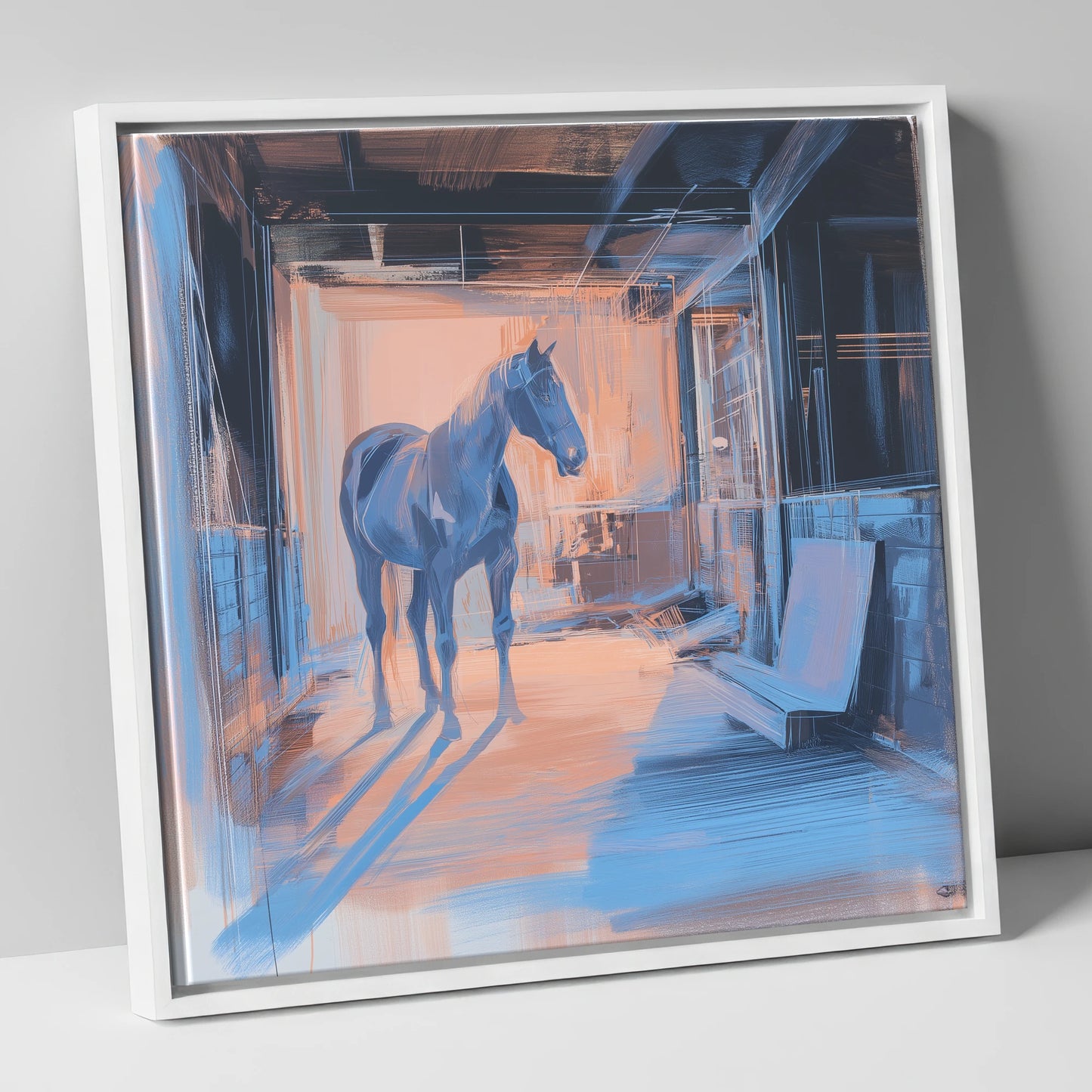 The Quiet Aisle horse stable canvas wall art in white frame