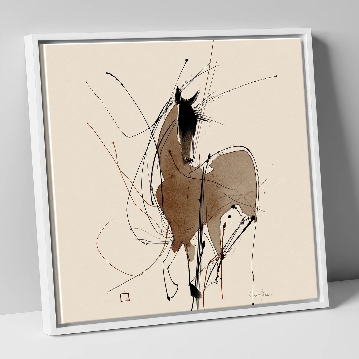 Dynamic Equine Silhouette horse portrait canvas wall art in white frame