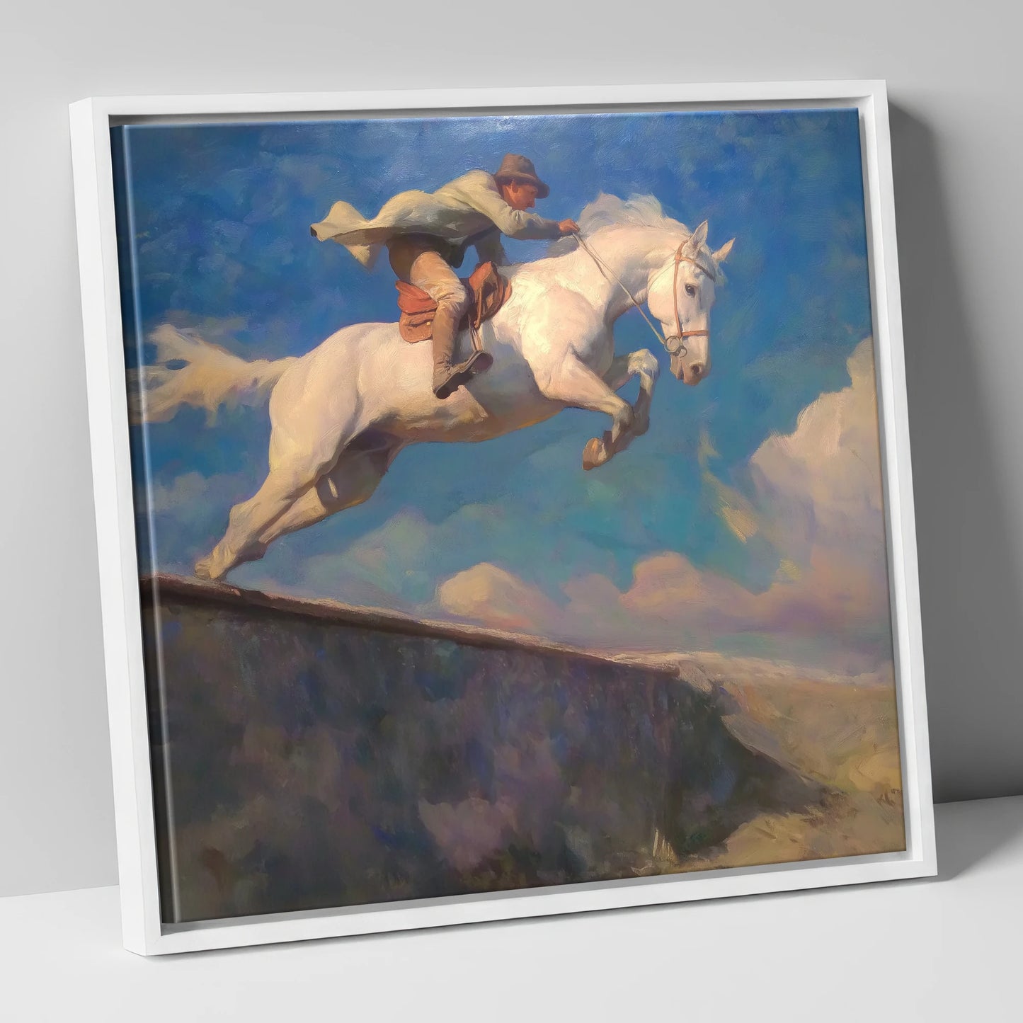 Skyward Bound show jumping horse canvas wall art in white frame