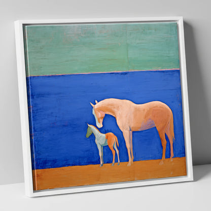 Cobalt Bond mare & foal canvas wall art in white frame