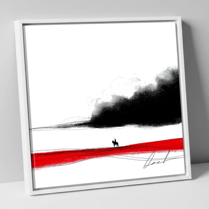 Crimson Horizon Silhouette western horse canvas wall art in white frame