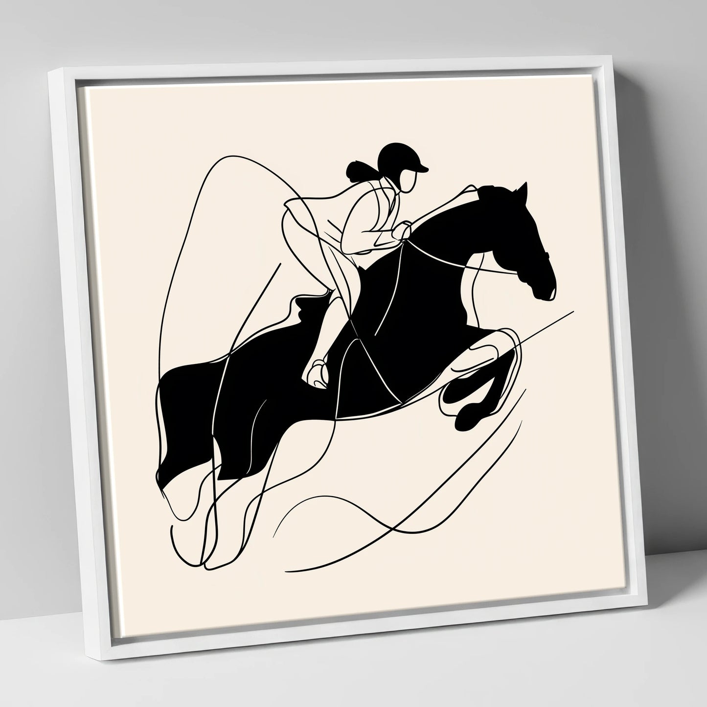 Fluid Showjumping Silhouette show jumping horse canvas wall art in white frame
