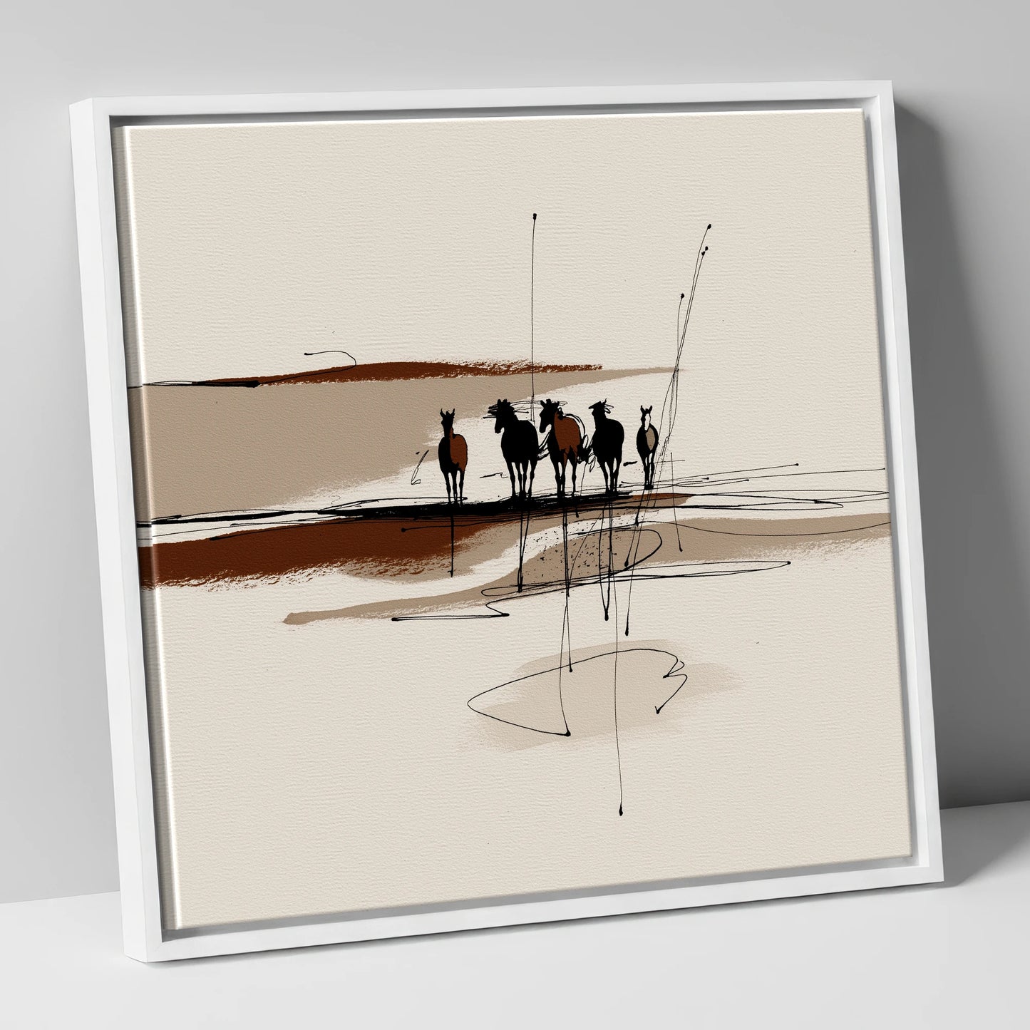 Abstract Herd Shadows wild horses canvas wall art in white frame