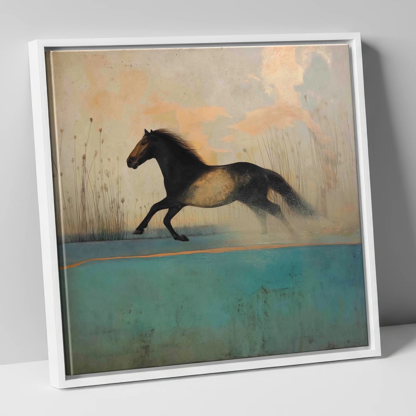 Gilded Horizon Canter horse landscape canvas wall art in white frame