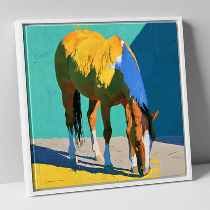 Grazing Horse in Vibrant Light horse breed canvas wall art in white frame
