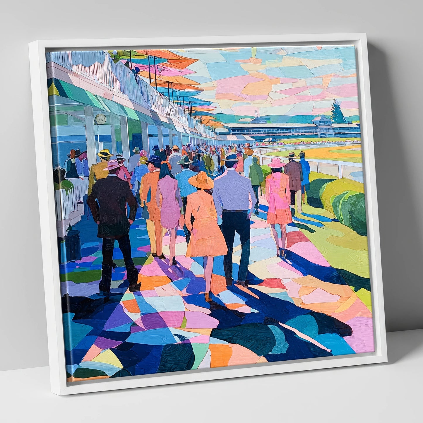 Vibrant Grandstand Parade racing horse canvas wall art in white frame