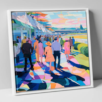 Vibrant Grandstand Parade racing horse canvas wall art in white frame
