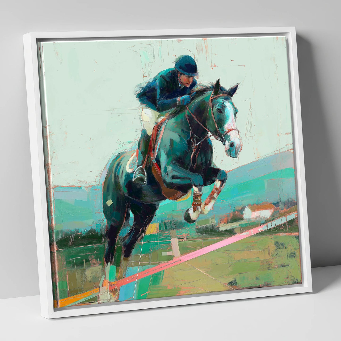 Midnight Flight show jumping horse canvas wall art in white frame