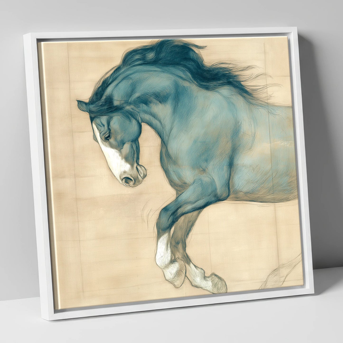 Study in Teal horse portrait canvas wall art in white frame