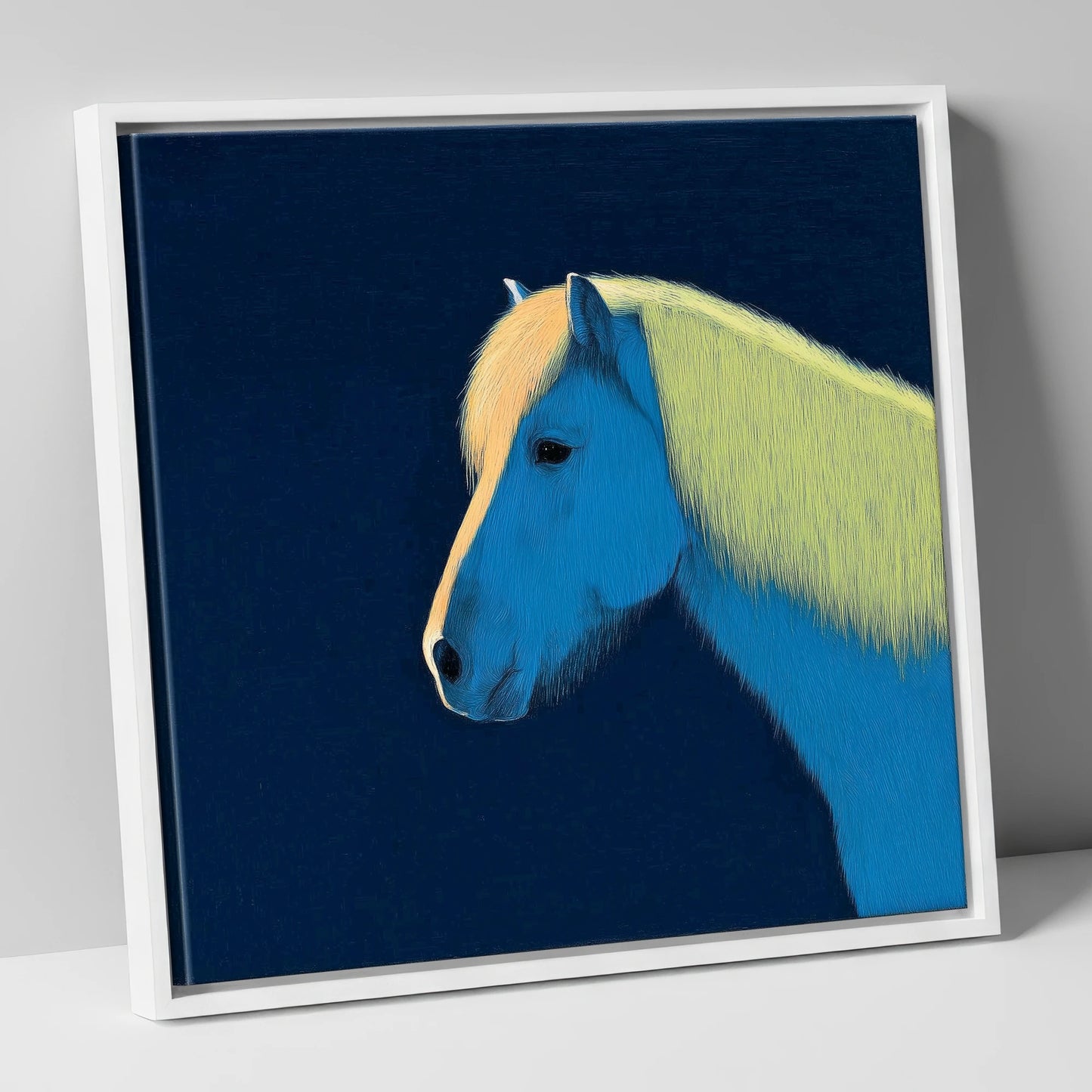 Electric Blue Profile horse breed canvas wall art in white frame