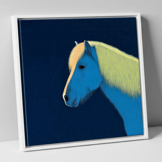 Electric Blue Profile horse breed canvas wall art in white frame