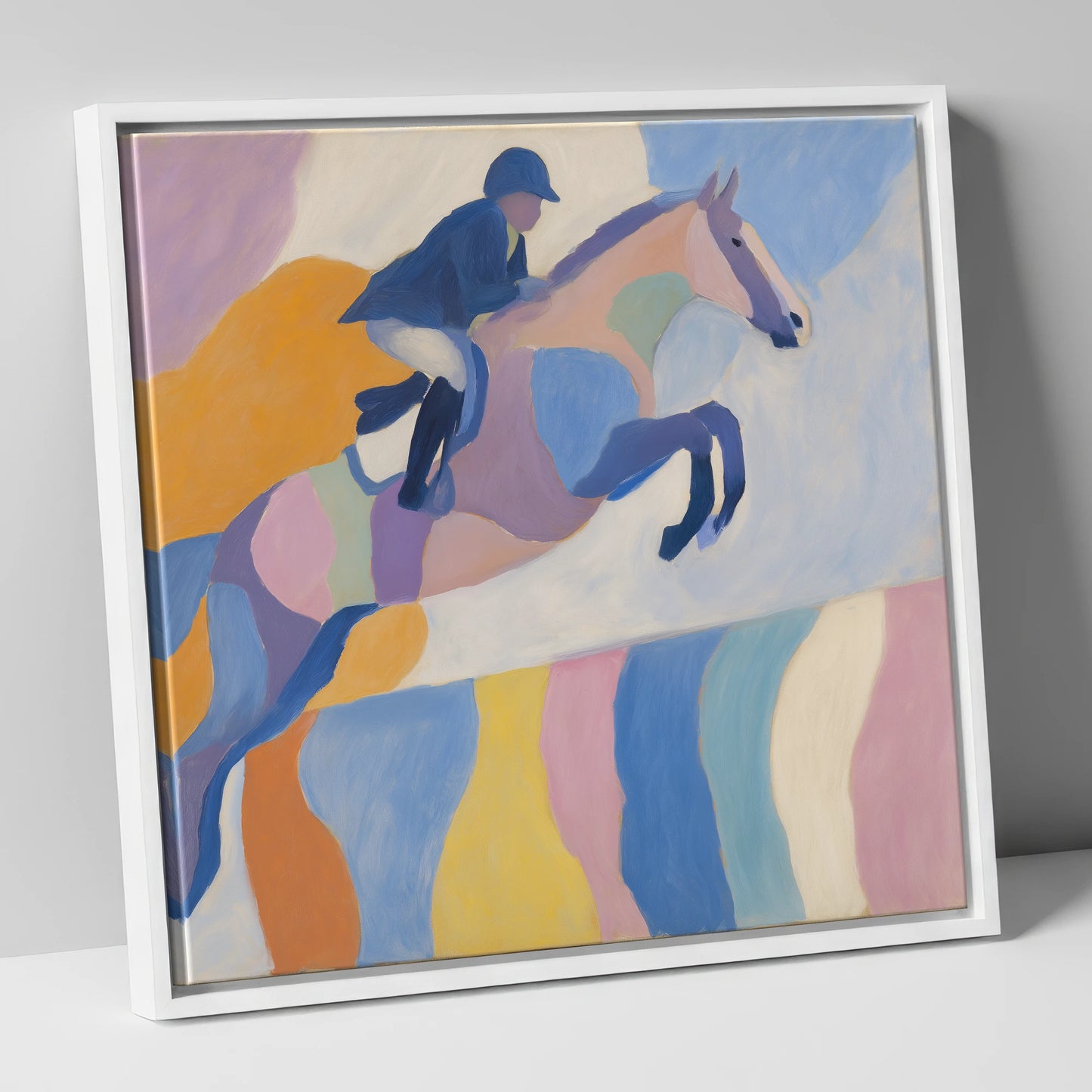 Pastel Abstract Leap show jumping horse canvas wall art in white frame