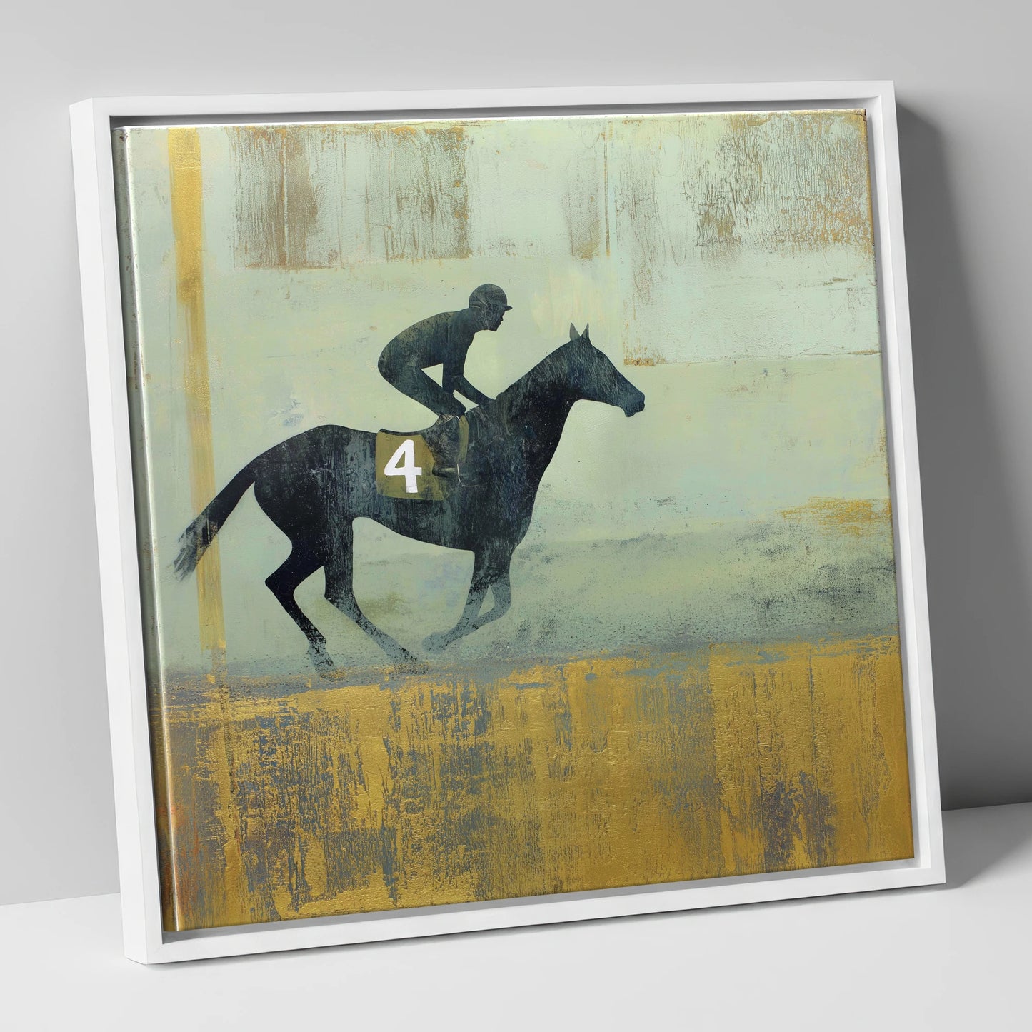 The Gilded Gallop racing horse canvas wall art in white frame