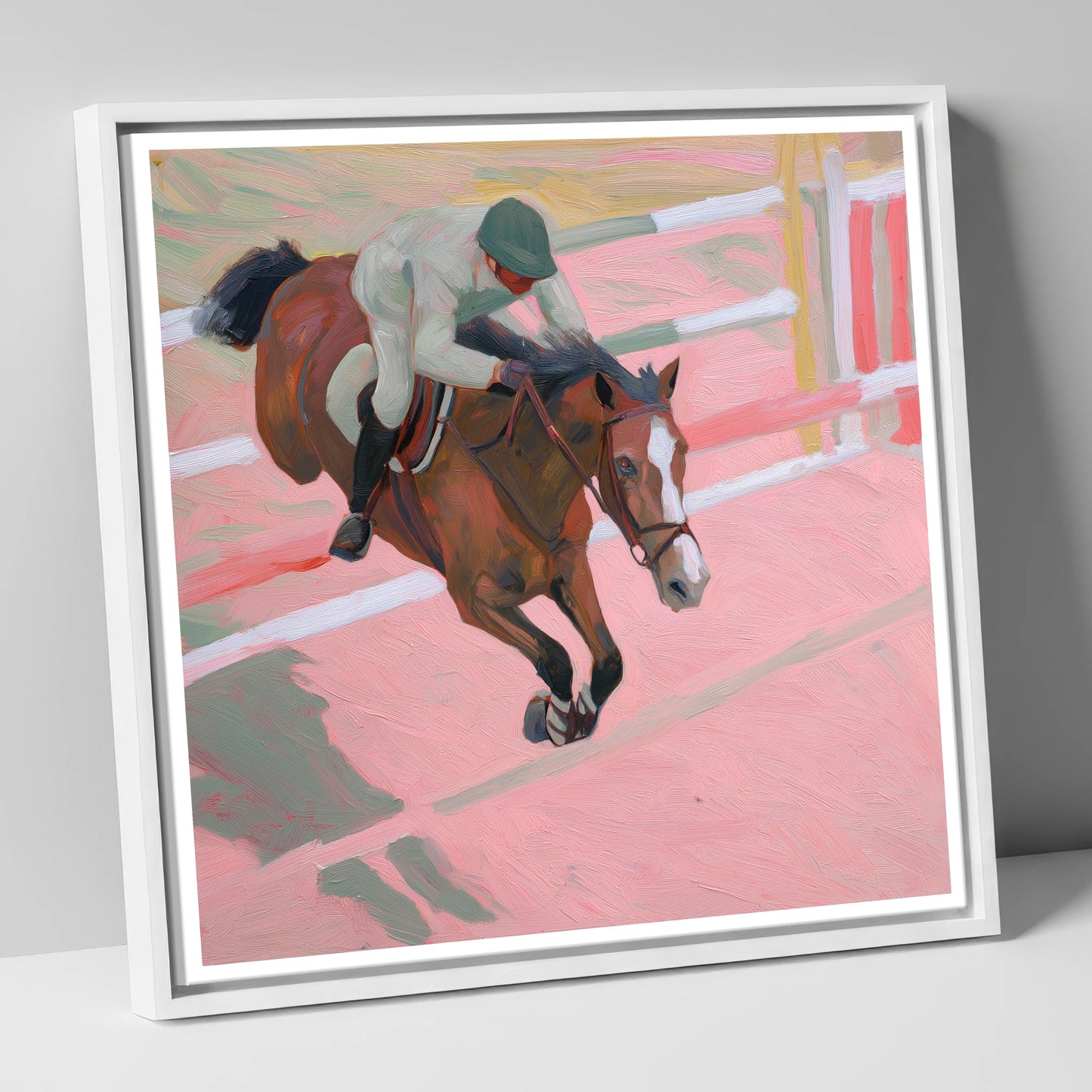 Suspended in Pink show jumping horse canvas wall art in white frame
