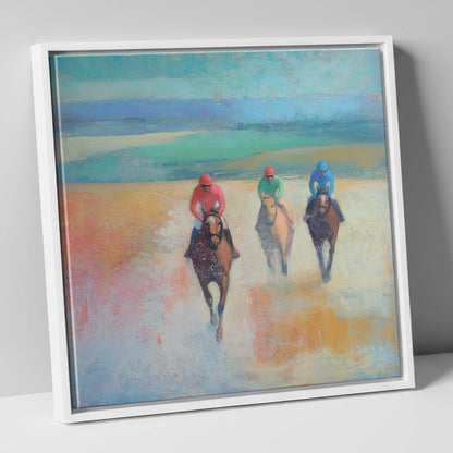 Dawn on the Gallops racing horse canvas wall art in white frame