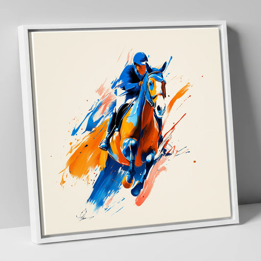 Airborne Energy show jumping horse canvas wall art in white frame