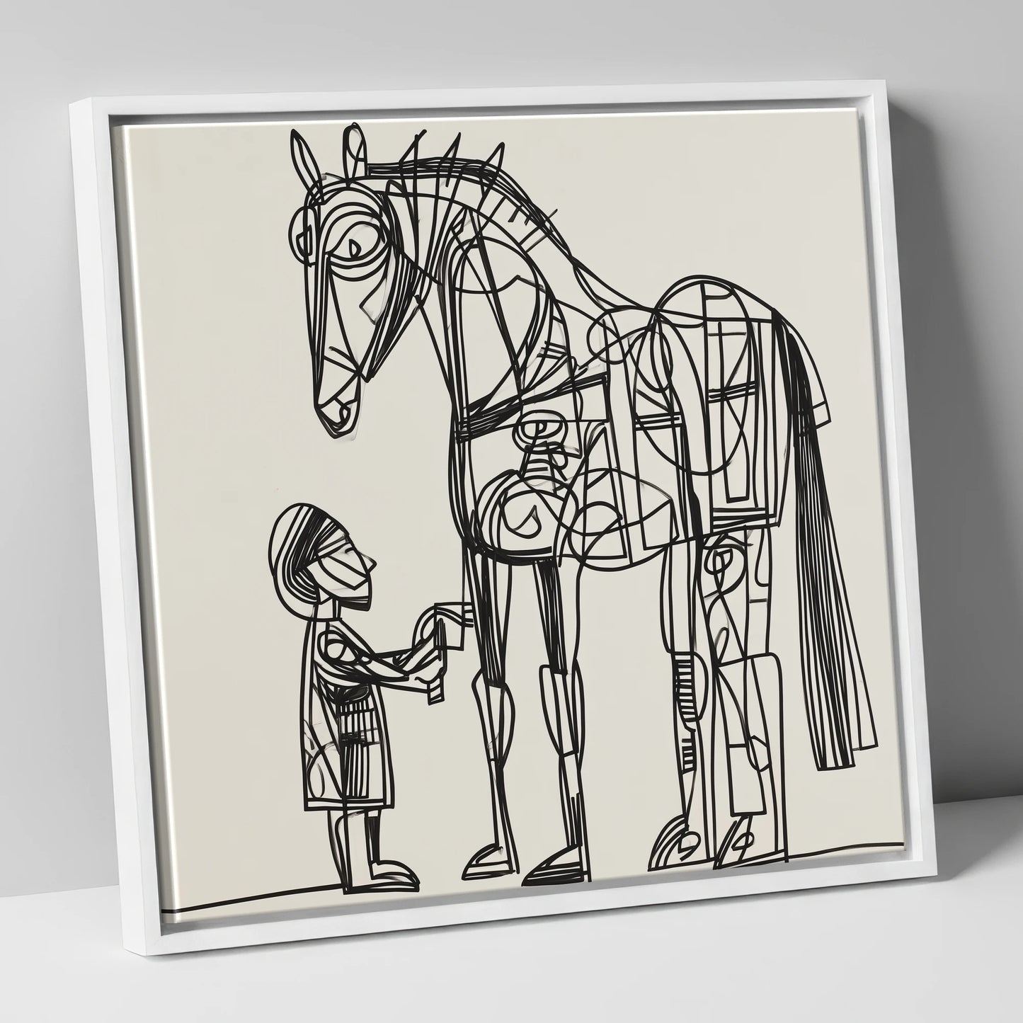 Linear Harmony horse & rider canvas wall art in white frame