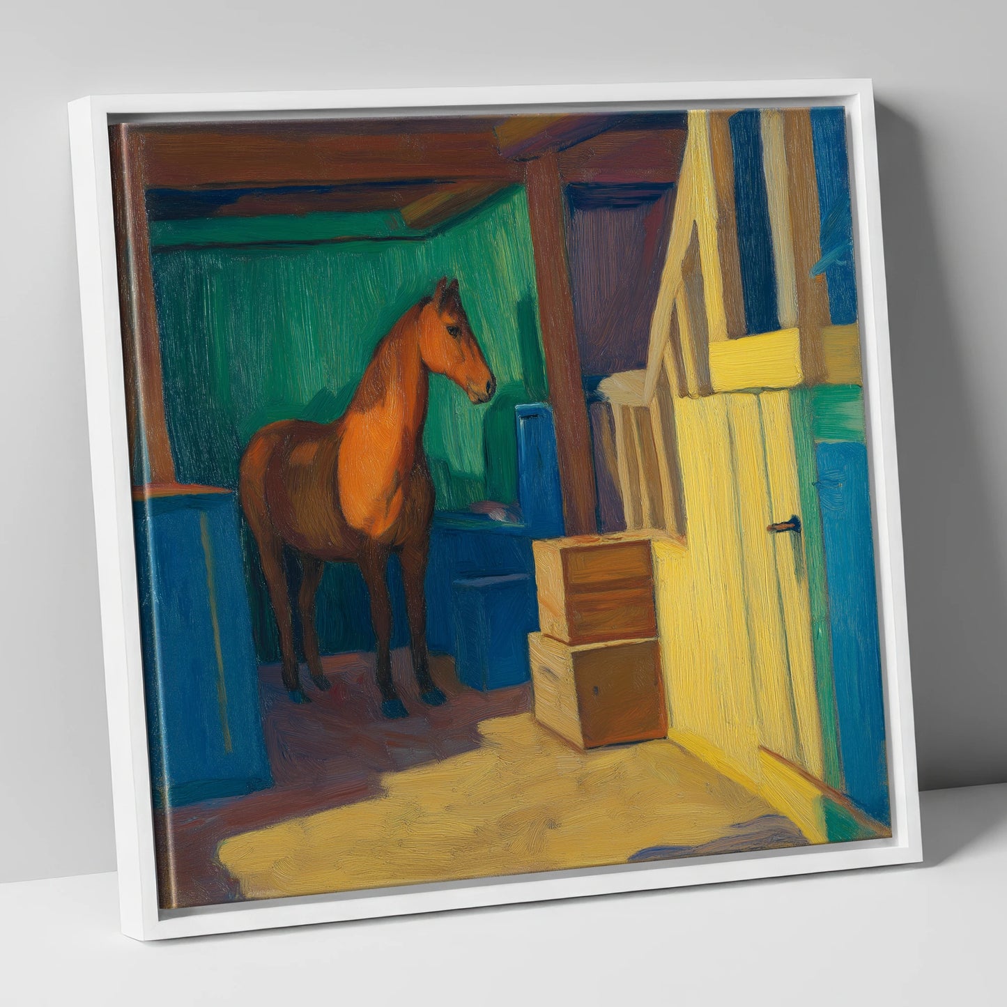 Vibrant Stable Light horse stable canvas wall art in white frame