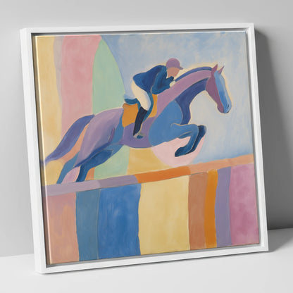 Harmonious Leap show jumping horse canvas wall art in white frame