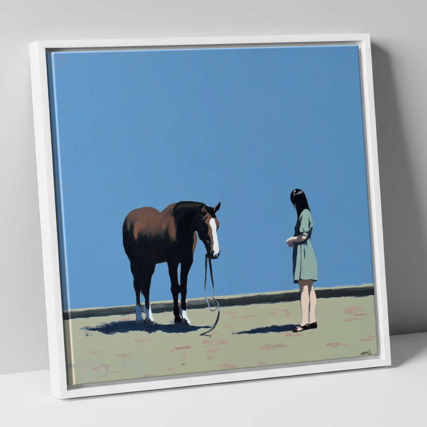 The Quiet Exchange horse & rider canvas wall art in white frame