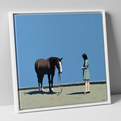 The Quiet Exchange horse & rider canvas wall art in white frame