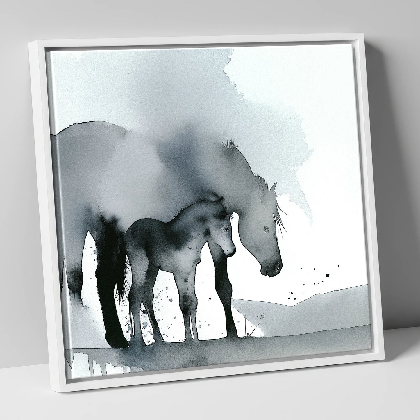 Gentle Shadows mare & foal canvas wall art in white frame