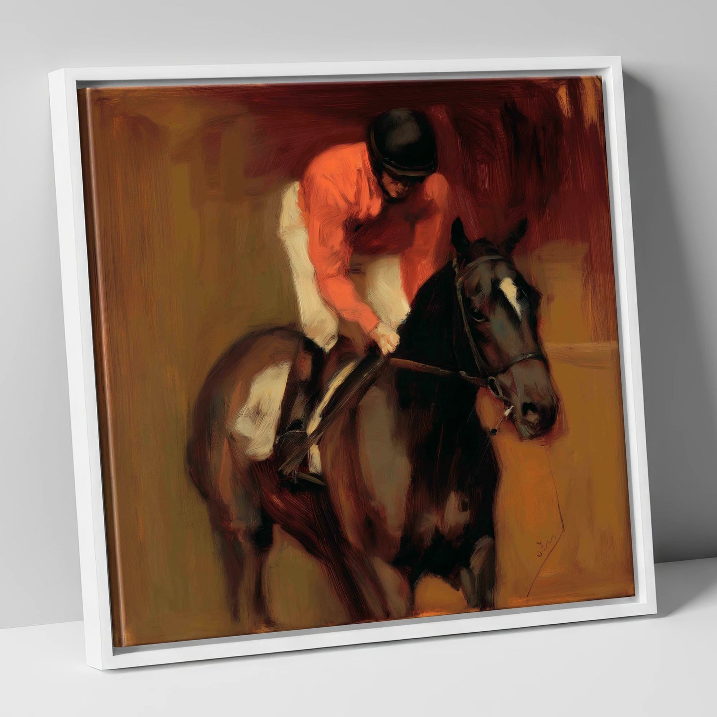 Trackside Shadows racing horse canvas wall art in white frame