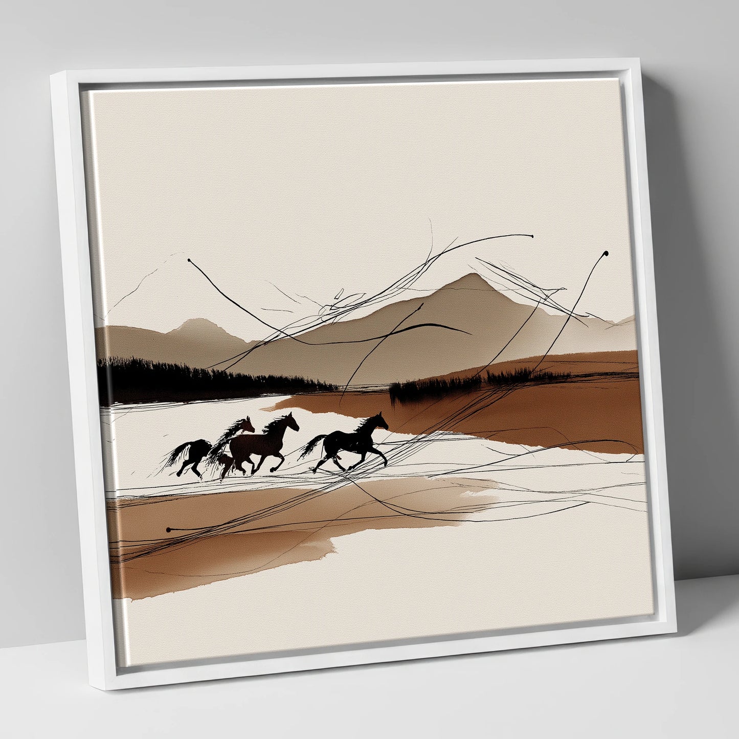 Sepia Horizon Herd wild horses canvas wall art in white frame