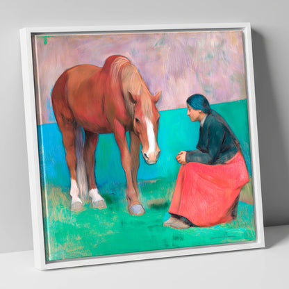 The Silent Dialogue horse & rider canvas wall art in white frame