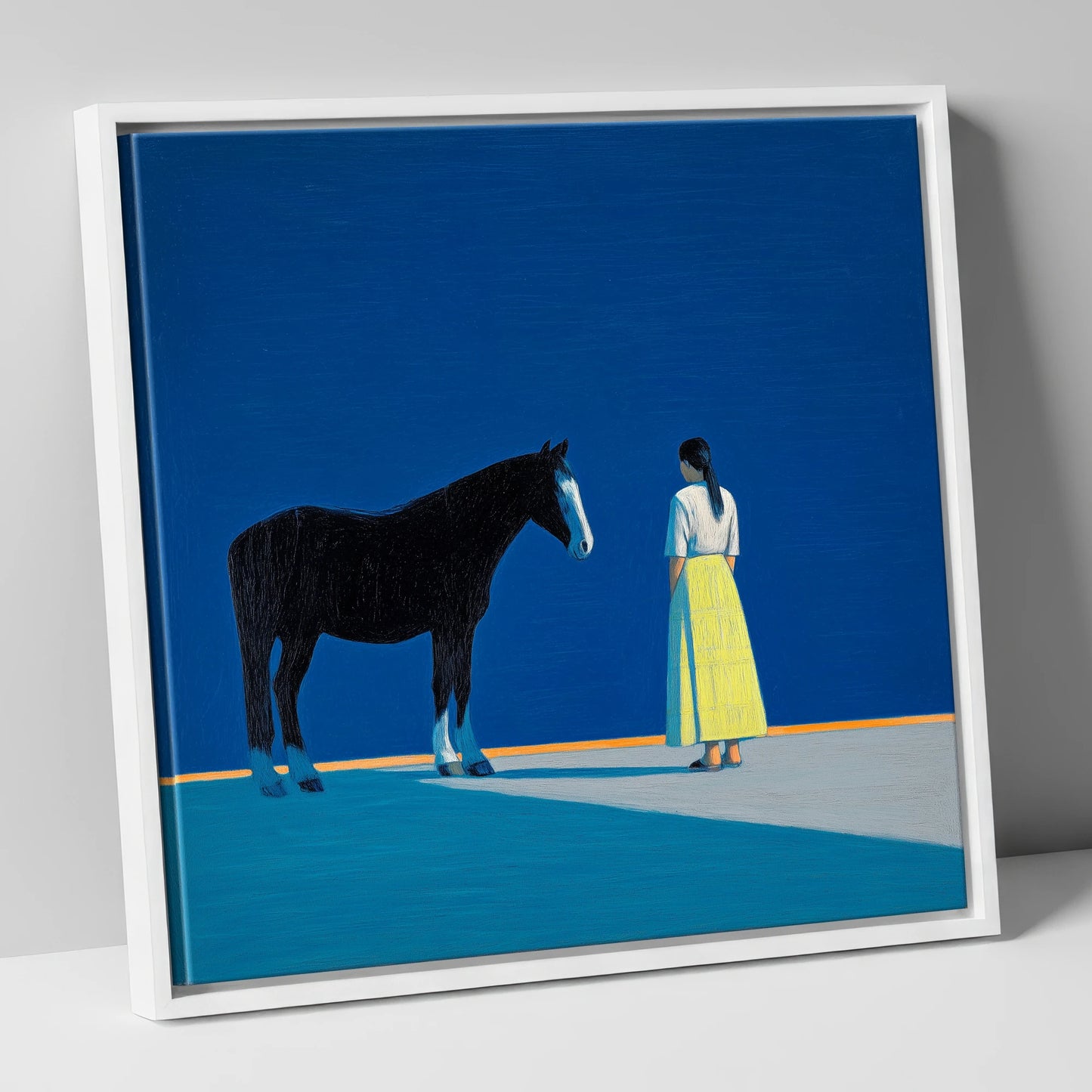 The Meeting Place horse & rider canvas wall art in white frame