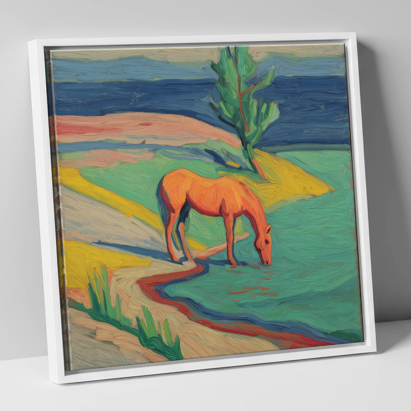 The Vivid Oasis horse landscape canvas wall art in white frame