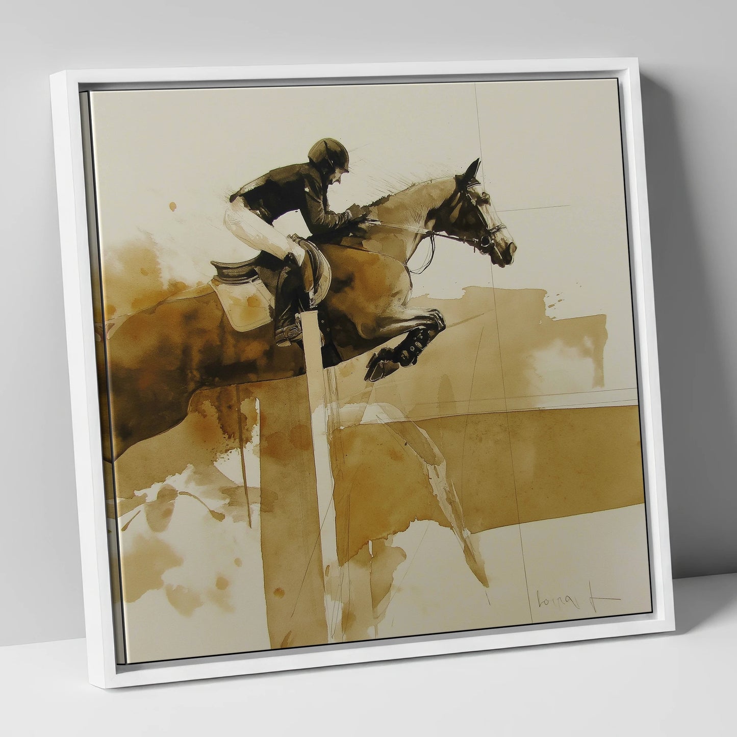 The Perfect Bascule show jumping horse canvas wall art in white frame