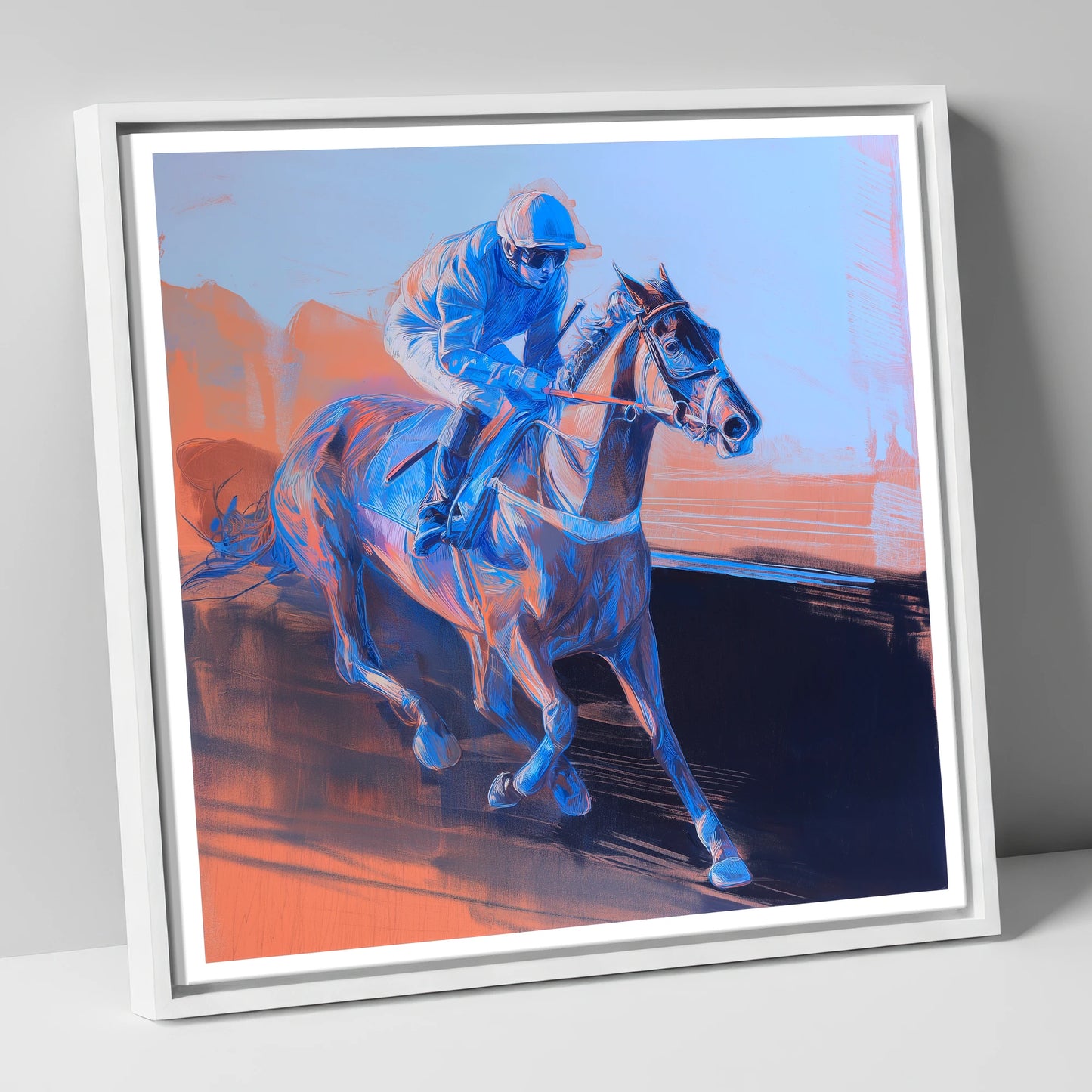 Indigo Stride racing horse canvas wall art in white frame