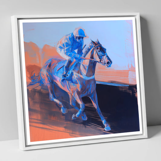 Indigo Stride racing horse canvas wall art in white frame