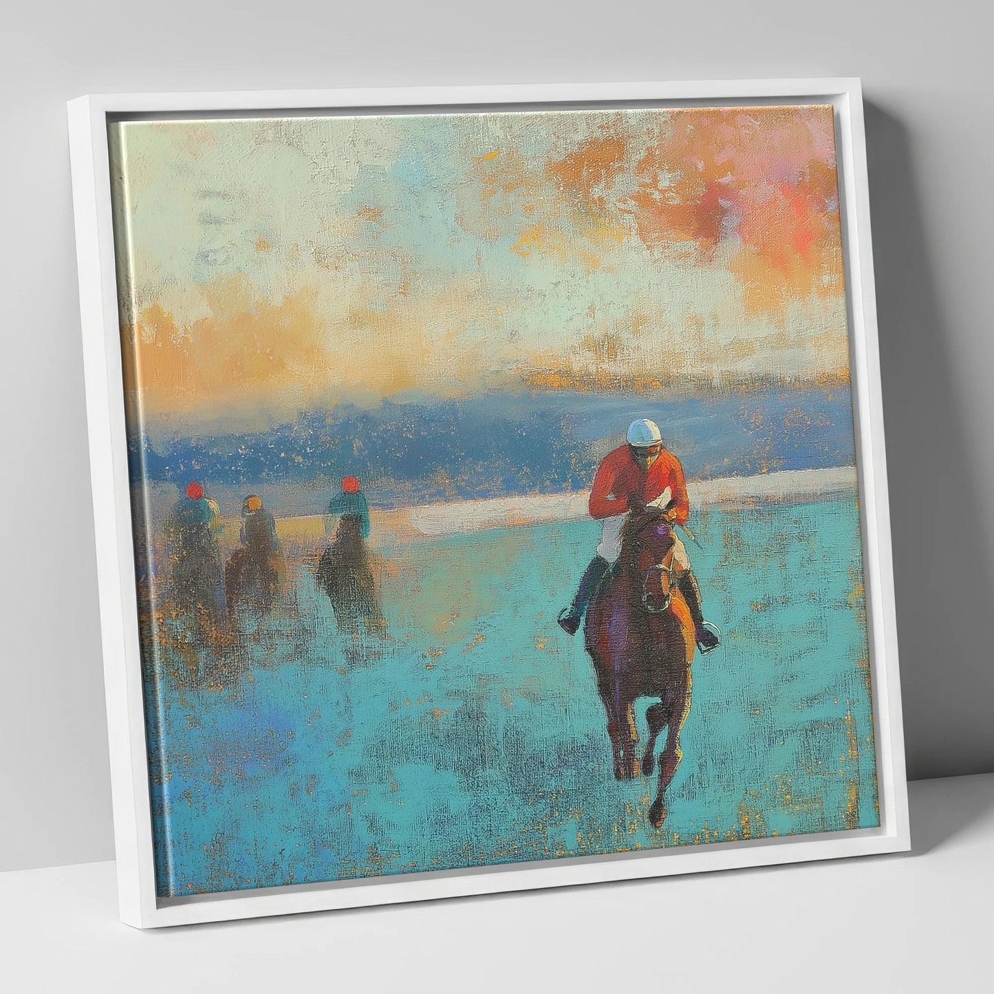 The Front Runner racing horse canvas wall art in white frame