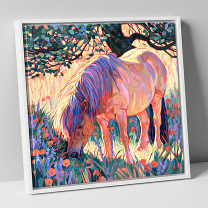 Vibrant Grazing Pony In Meadow horse breed canvas wall art in white frame
