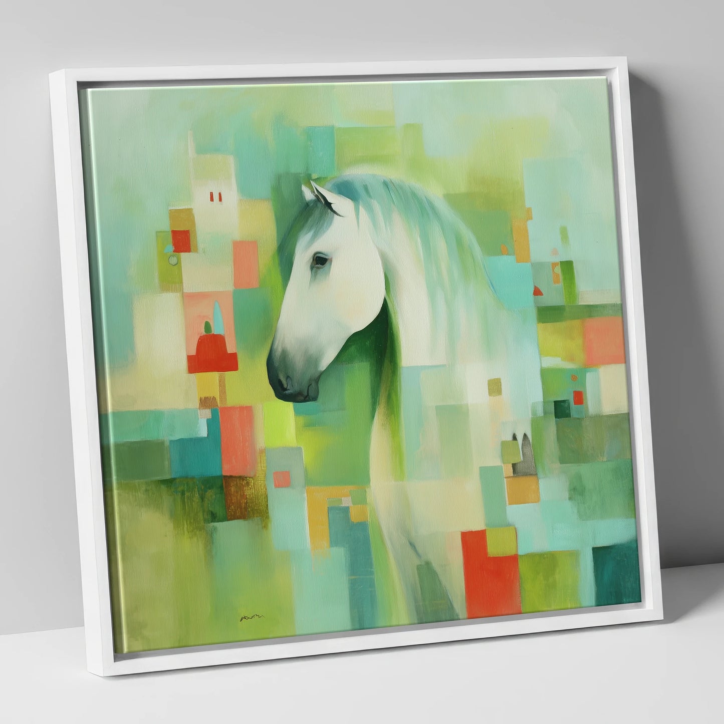 Abstract Grey Harmony horse breed canvas wall art in white frame