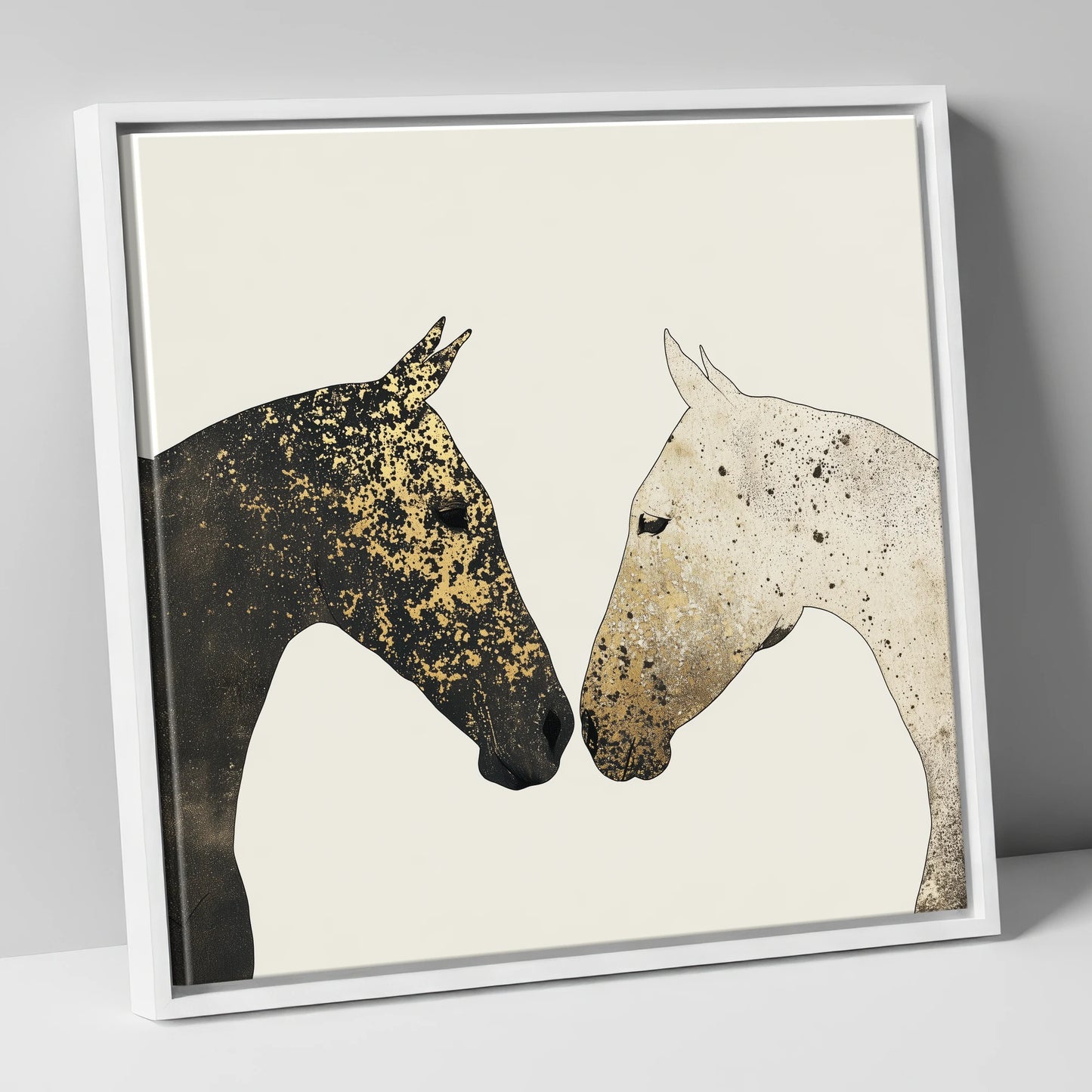 Gilded Encounter horse portrait canvas wall art in white frame