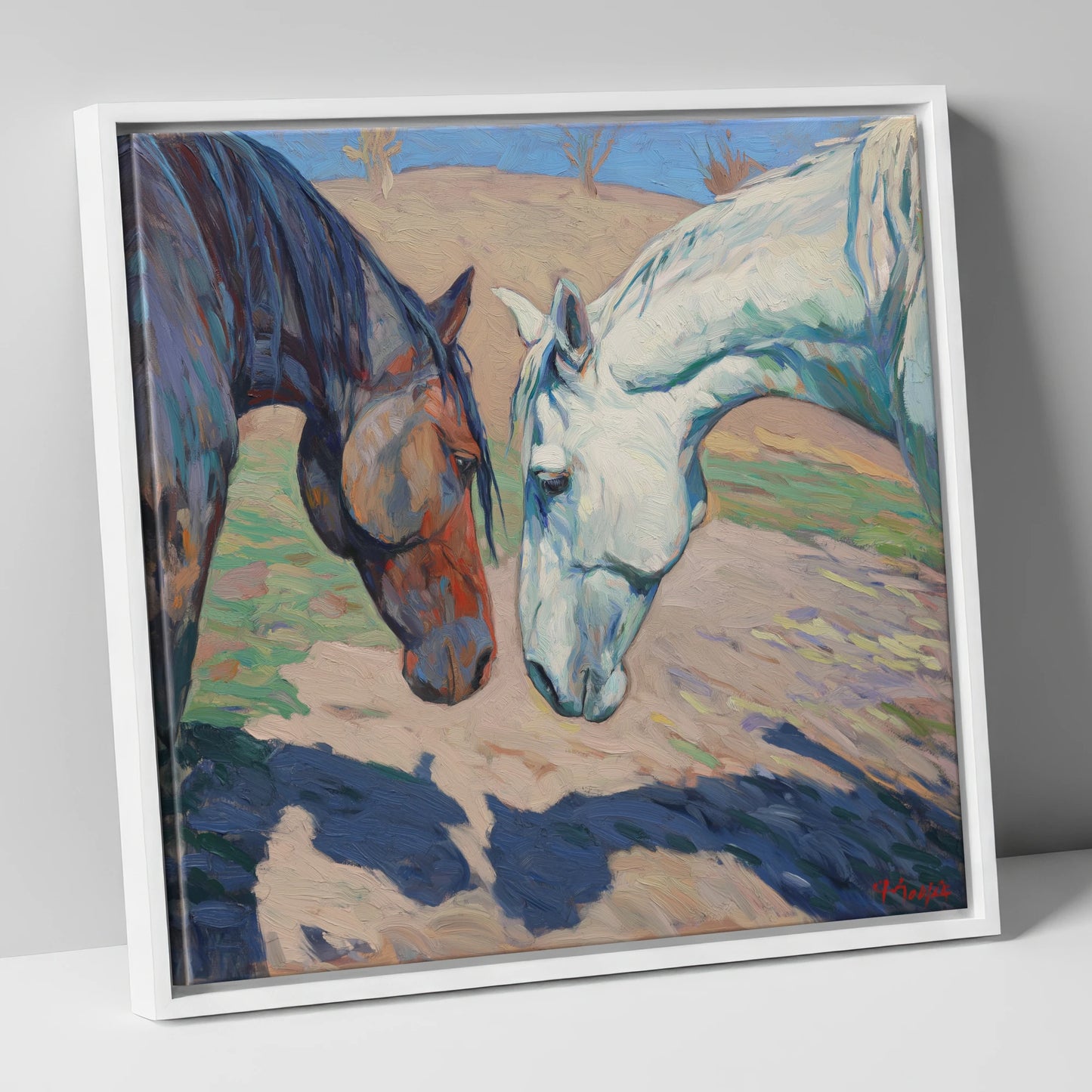 Sunlit Companions horse portrait canvas wall art in white frame