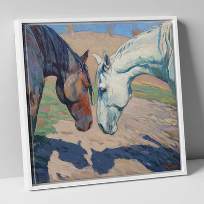 Sunlit Companions horse portrait canvas wall art in white frame