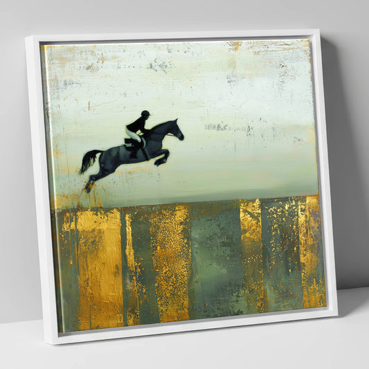 Flight Over Gold show jumping horse canvas wall art in white frame