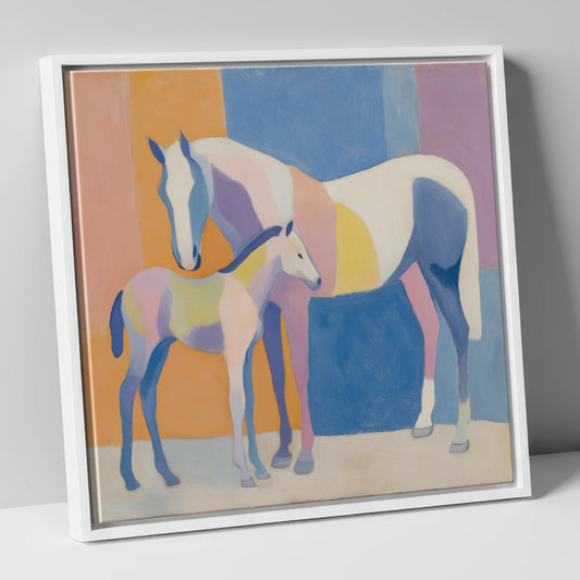 Geometric Equine Harmony mare & foal canvas wall art in white frame