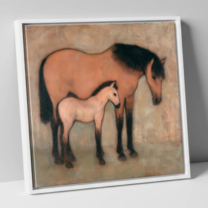 Earthen Bond mare & foal canvas wall art in white frame
