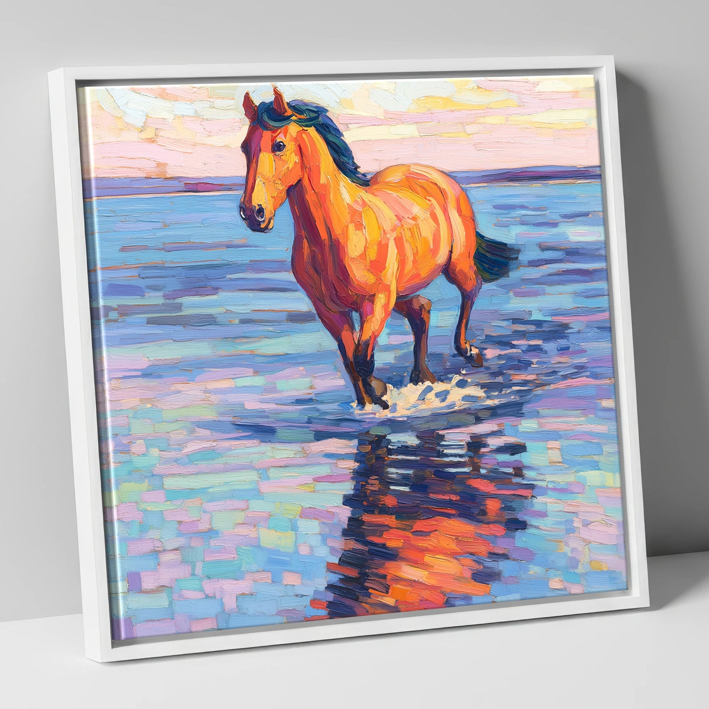 Sunset Shallows Stride beach horse canvas wall art in white frame