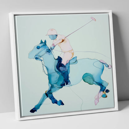 Fluid Polo Strike polo horse canvas wall art in white frame