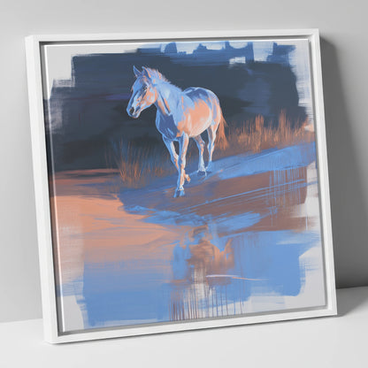 Cobalt Dawn Crossing horse landscape canvas wall art in white frame