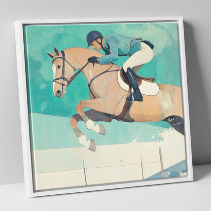 Aquamarine Flight show jumping horse canvas wall art in white frame