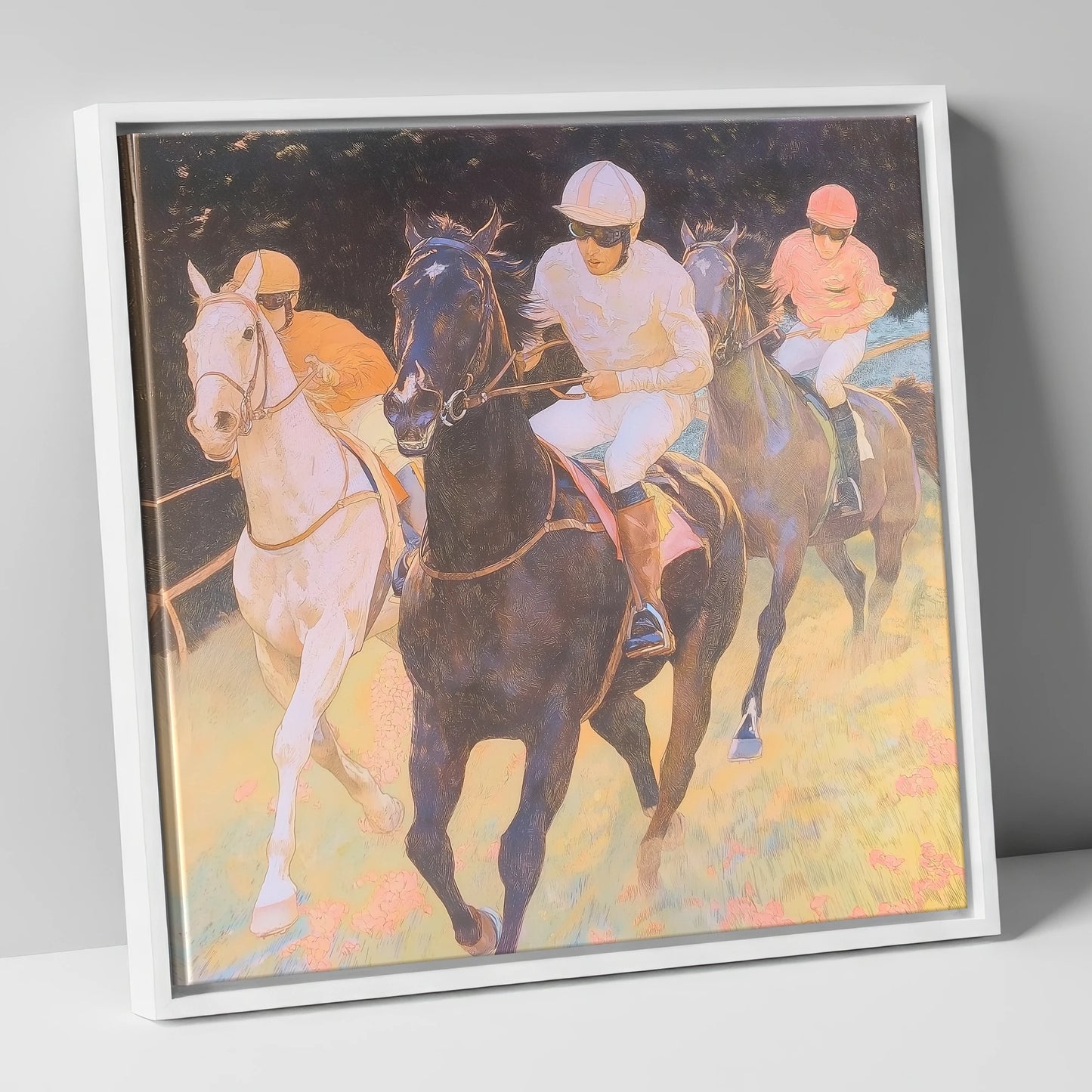 The Luminous Furlong racing horse canvas wall art in white frame